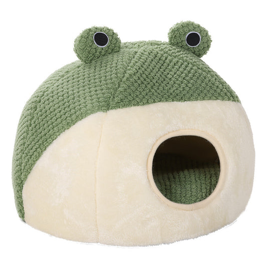 Cute Frog Pet Bed – Warm Plush House for Small Dogs & Cats (Non-Slip, Full-Body Nest)