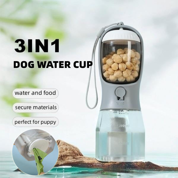 3-in-1 Smart Travel Pet Bottle — Water Dispenser, Food Storage & Waste Bag Holder for Dogs on the Go