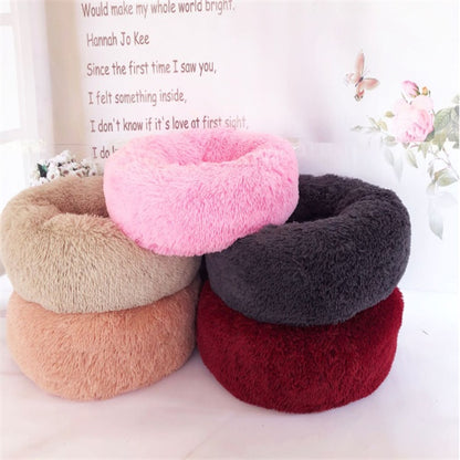 Long-Hair Plush Calming Bed for Cats & Dogs – Ultra-Warm Donut Nest (Anti-Slip, Washable)