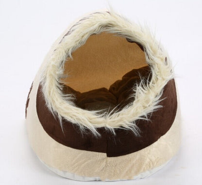 Warm Pet Cave Bed – Plush Enclosed Dog & Cat House with Faux-Fur Trim (Winter Calming Nest)