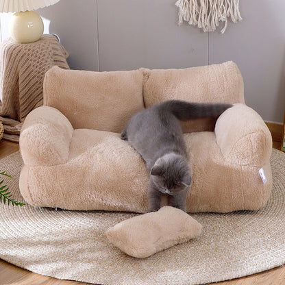 Luxury Plush Cat Sofa Bed – Winter Warm Pet Nest for Cats & Small Dogs (Anti-Slip, Soft Backrest, Includes Pillow)