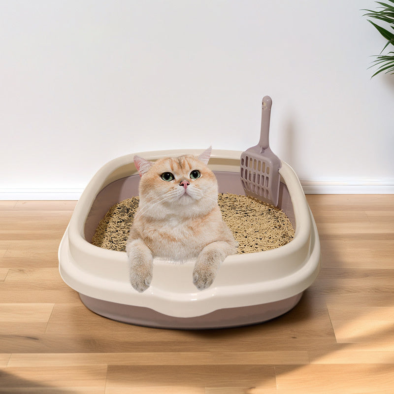Open-Top Cat Litter Box with Anti-Splash Rim – Durable Plastic Training Tray with Matching Scoop