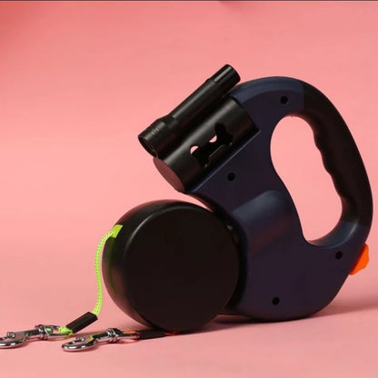 Two-Dog Retractable Leash with LED Light – Tangle-Free 360° Swivel, Reflective Nylon, Waste Bag Holder