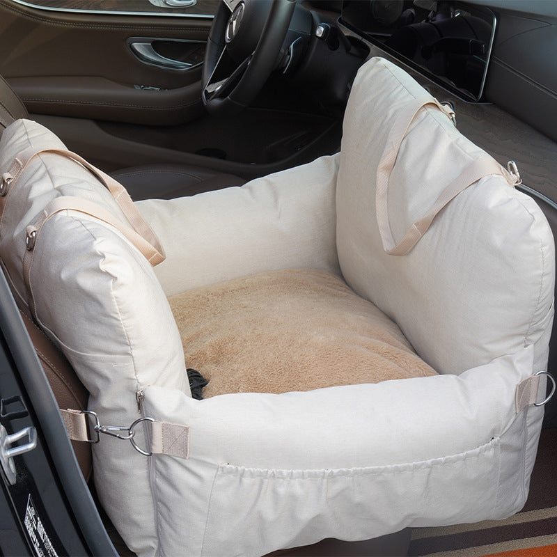 Front Seat Dog Car Bed – Secure Travel Seat with Safety Belts (Soft Linen, Small–Medium Dogs)