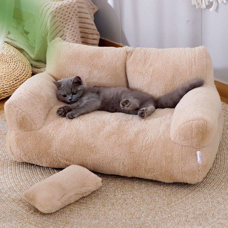 Luxury Plush Cat Sofa Bed – Winter Warm Pet Nest for Cats & Small Dogs (Anti-Slip, Soft Backrest, Includes Pillow)