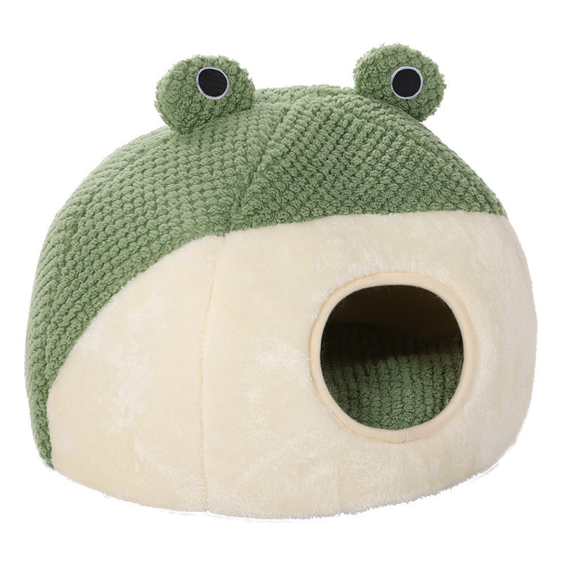 Cute Frog Pet Bed – Warm Plush House for Small Dogs & Cats (Non-Slip, Full-Body Nest)