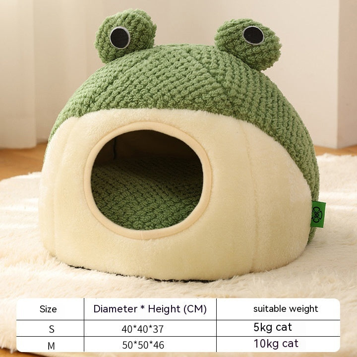 Cute Frog Pet Bed – Warm Plush House for Small Dogs & Cats (Non-Slip, Full-Body Nest)