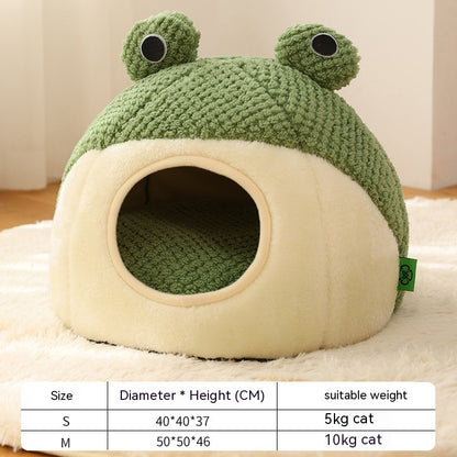 Cute Frog Pet Bed – Warm Plush House for Small Dogs & Cats (Non-Slip, Full-Body Nest)