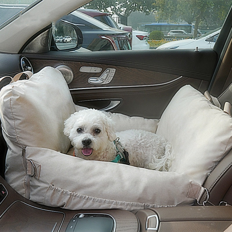 Front Seat Dog Car Bed – Secure Travel Seat with Safety Belts (Soft Linen, Small–Medium Dogs)