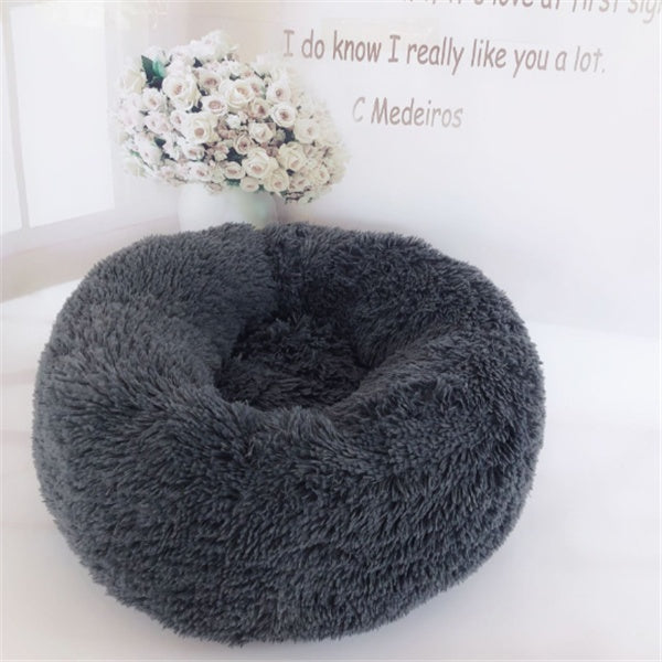 Long-Hair Plush Calming Bed for Cats & Dogs – Ultra-Warm Donut Nest (Anti-Slip, Washable)