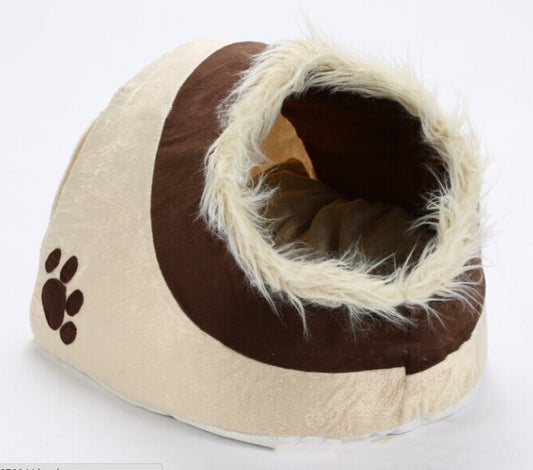 Warm Pet Cave Bed – Plush Enclosed Dog & Cat House with Faux-Fur Trim (Winter Calming Nest)