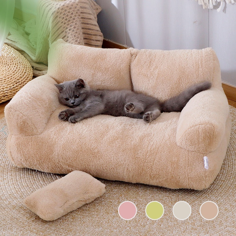 Luxury Plush Cat Sofa Bed – Winter Warm Pet Nest for Cats & Small Dogs (Anti-Slip, Soft Backrest, Includes Pillow)