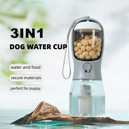 3-in-1 Smart Travel Pet Bottle — Water Dispenser, Food Storage & Waste Bag Holder for Dogs on the Go