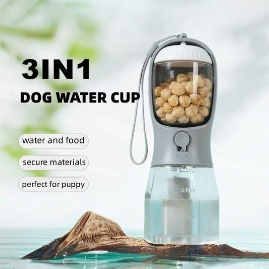 3-in-1 Smart Travel Pet Bottle — Water Dispenser, Food Storage & Waste Bag Holder for Dogs on the Go