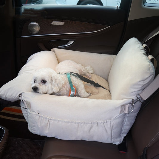 Front Seat Dog Car Bed – Secure Travel Seat with Safety Belts (Soft Linen, Small–Medium Dogs)