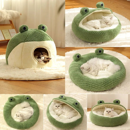 Cute Frog Pet Bed – Warm Plush House for Small Dogs & Cats (Non-Slip, Full-Body Nest)