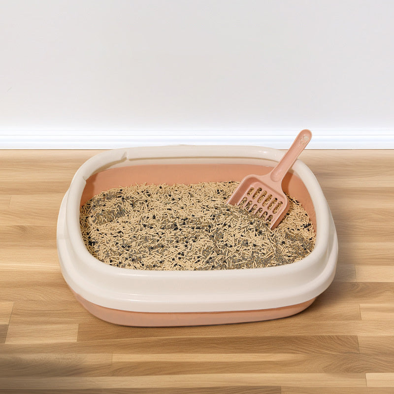 Open-Top Cat Litter Box with Anti-Splash Rim – Durable Plastic Training Tray with Matching Scoop