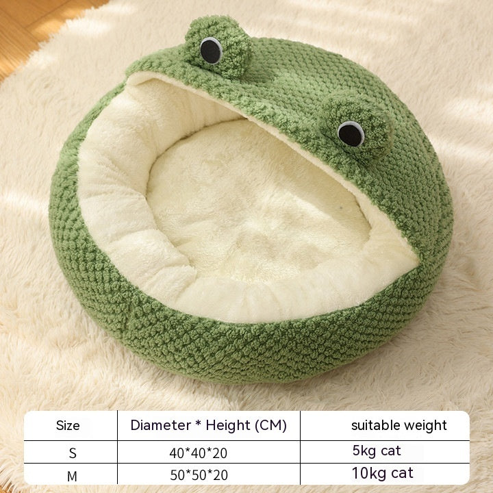 Cute Frog Pet Bed – Warm Plush House for Small Dogs & Cats (Non-Slip, Full-Body Nest)